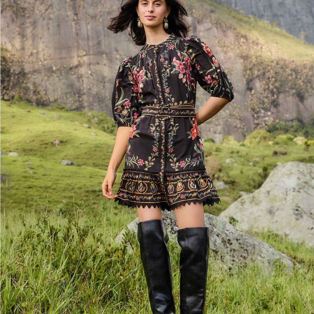 FARM Rio Black Dress with Floral Accents